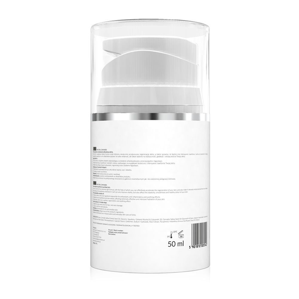 Weißer Tiegel mit Pumpe. Aufschrift: 50 ml. Barcode. Text in mehreren Sprachen.