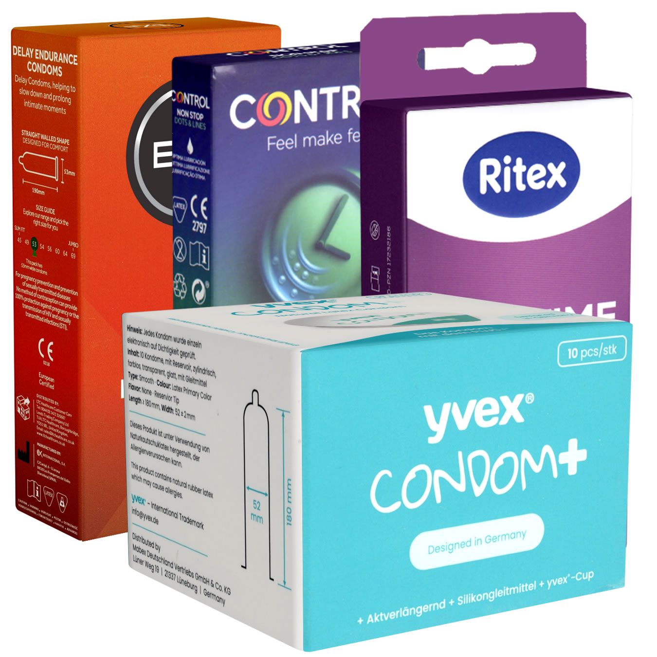 Mehrere Kondom-Verpackungen. Marken: Control, Ritex, yvex, und eine orangefarbene Schachtel mit Text. CE-Zeichen.