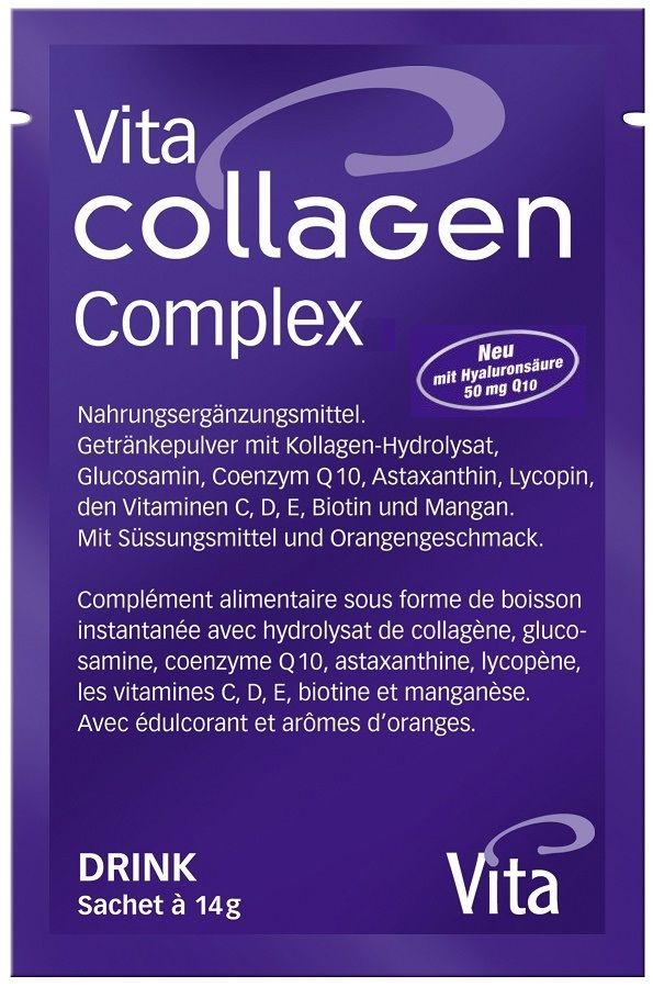 Vita Collagen Complex. Einzelnes Sachet, lila. Text: "Neu mit Hyaluronsäure 50 mg Q10".