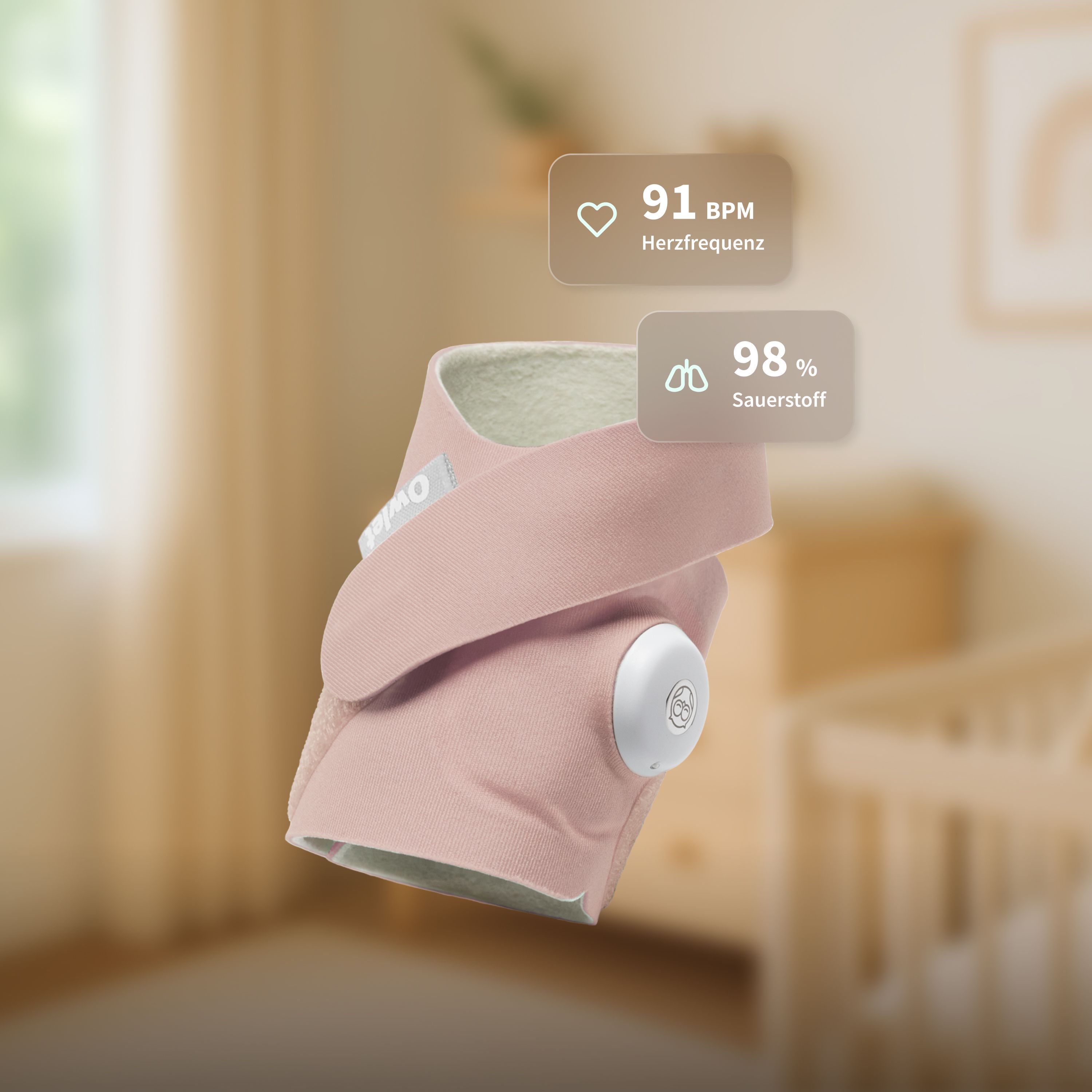 Owlet Dream Sock® mit Sensor zeigt Herzfrequenz und Sauerstoffwerte an.