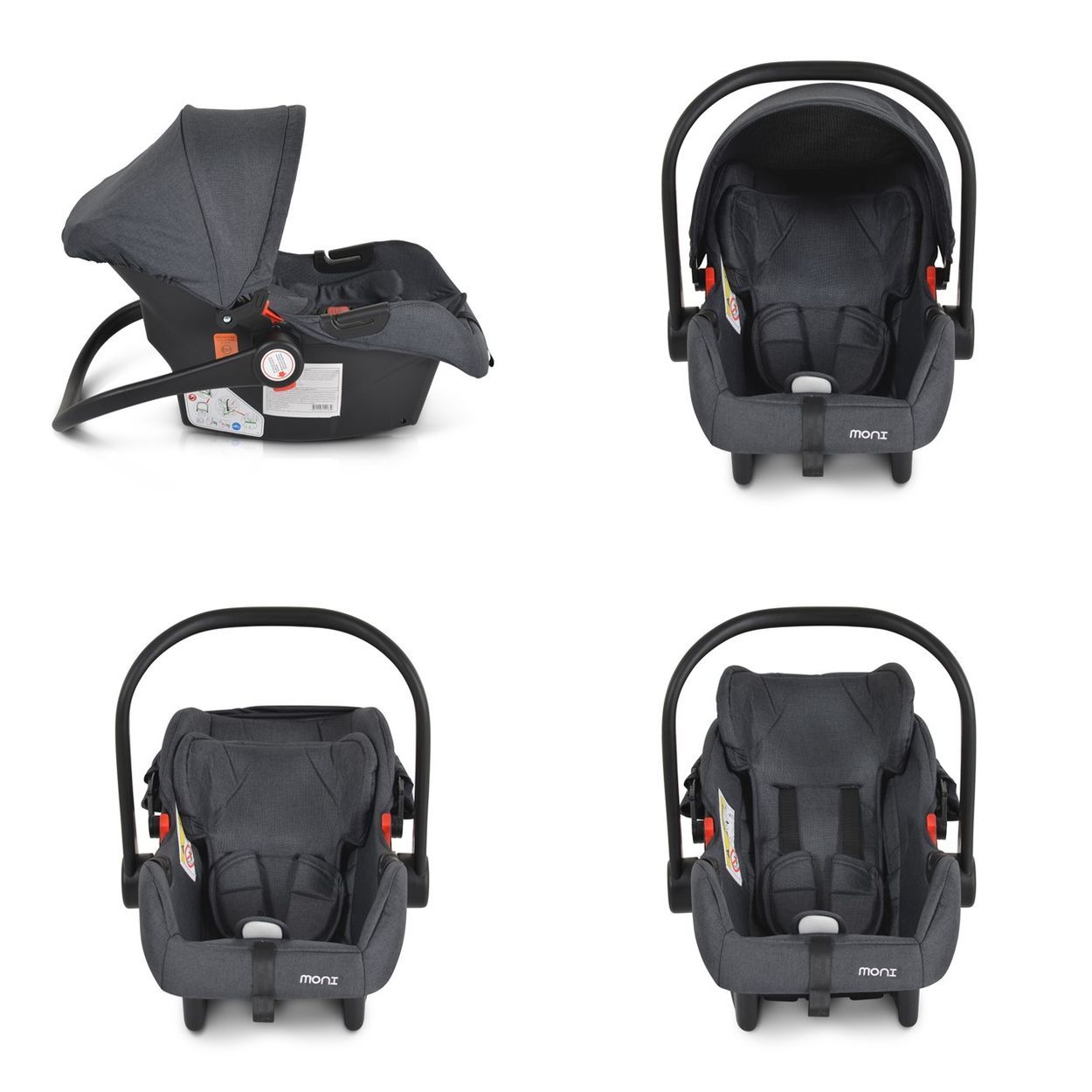 Baby-Autositz in Grau mit verstellbarem Griff und Sonnendach.