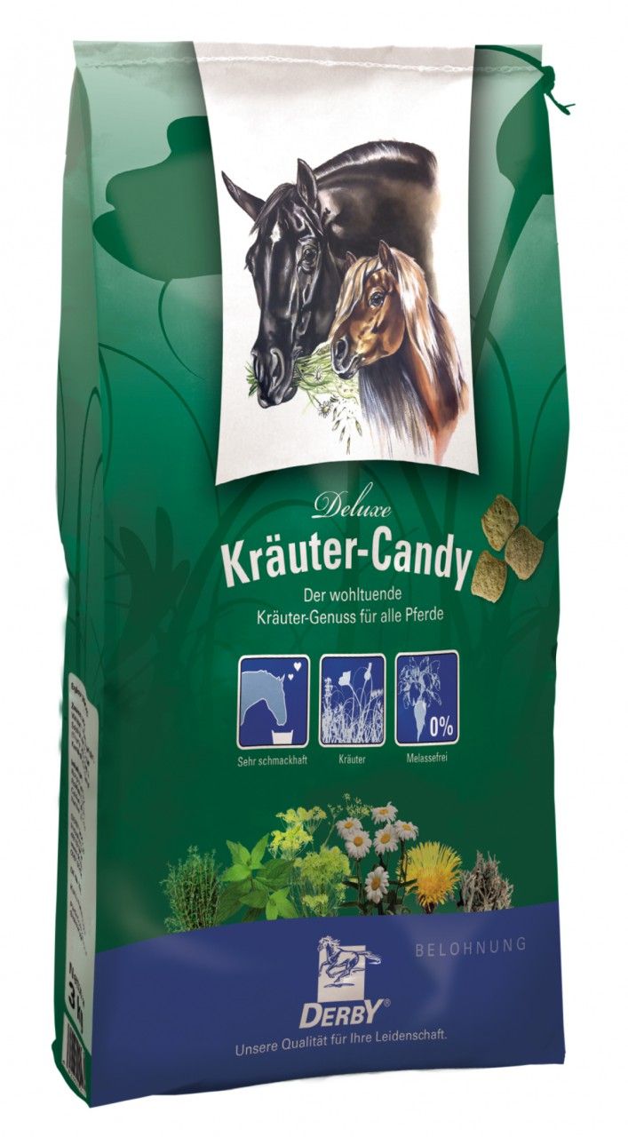 Grüne Verpackung mit Pferdeabbildung und Produktnamen: Kräuter-Candy. Enthält Kräuter. Marke Derby. Text: Belohnung.