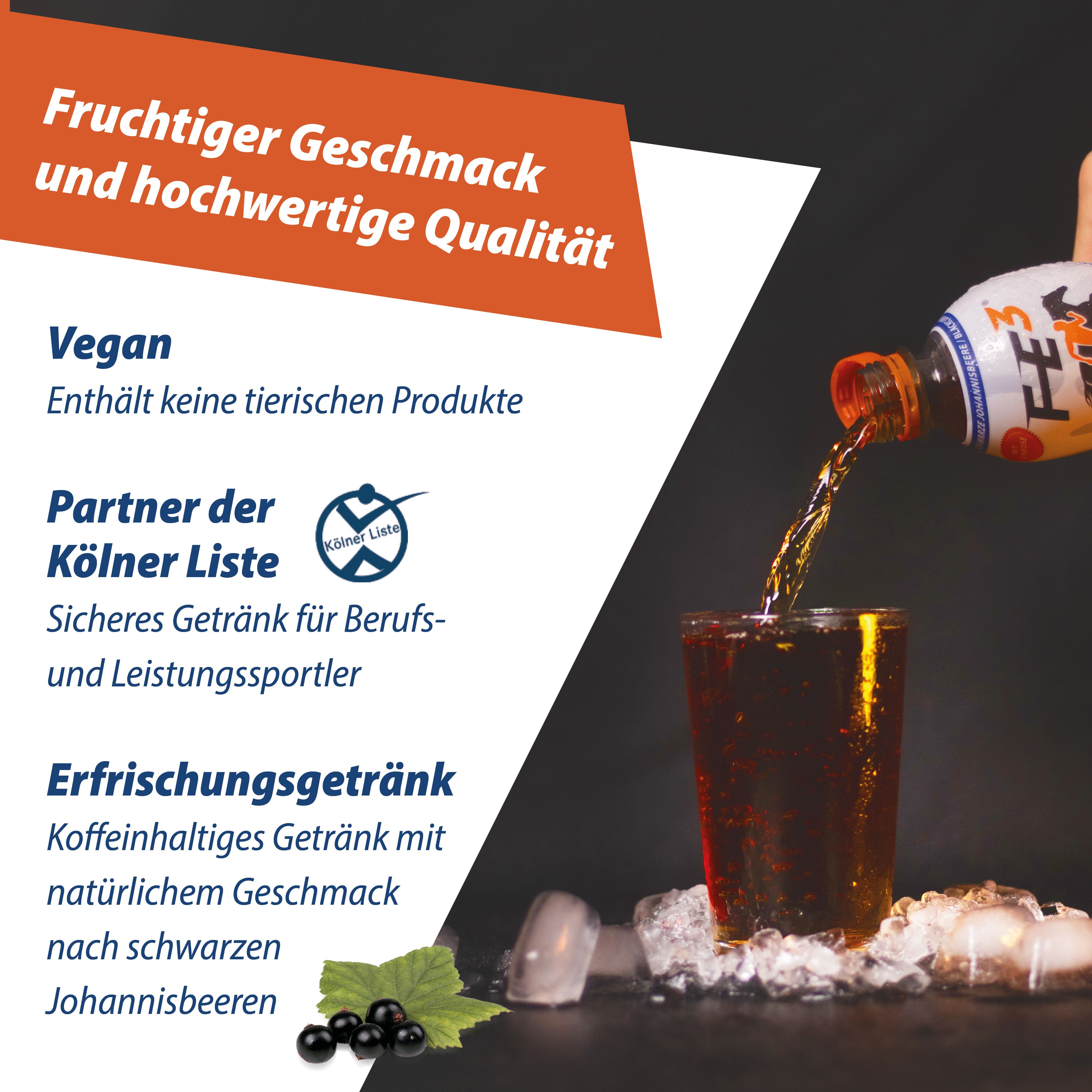 FE³ Refreshing Liquid wird in Glas gegossen. Logo mit Pferd. Text: Erfrischungsgetränk, Vegan, Partner der Kölner Liste.