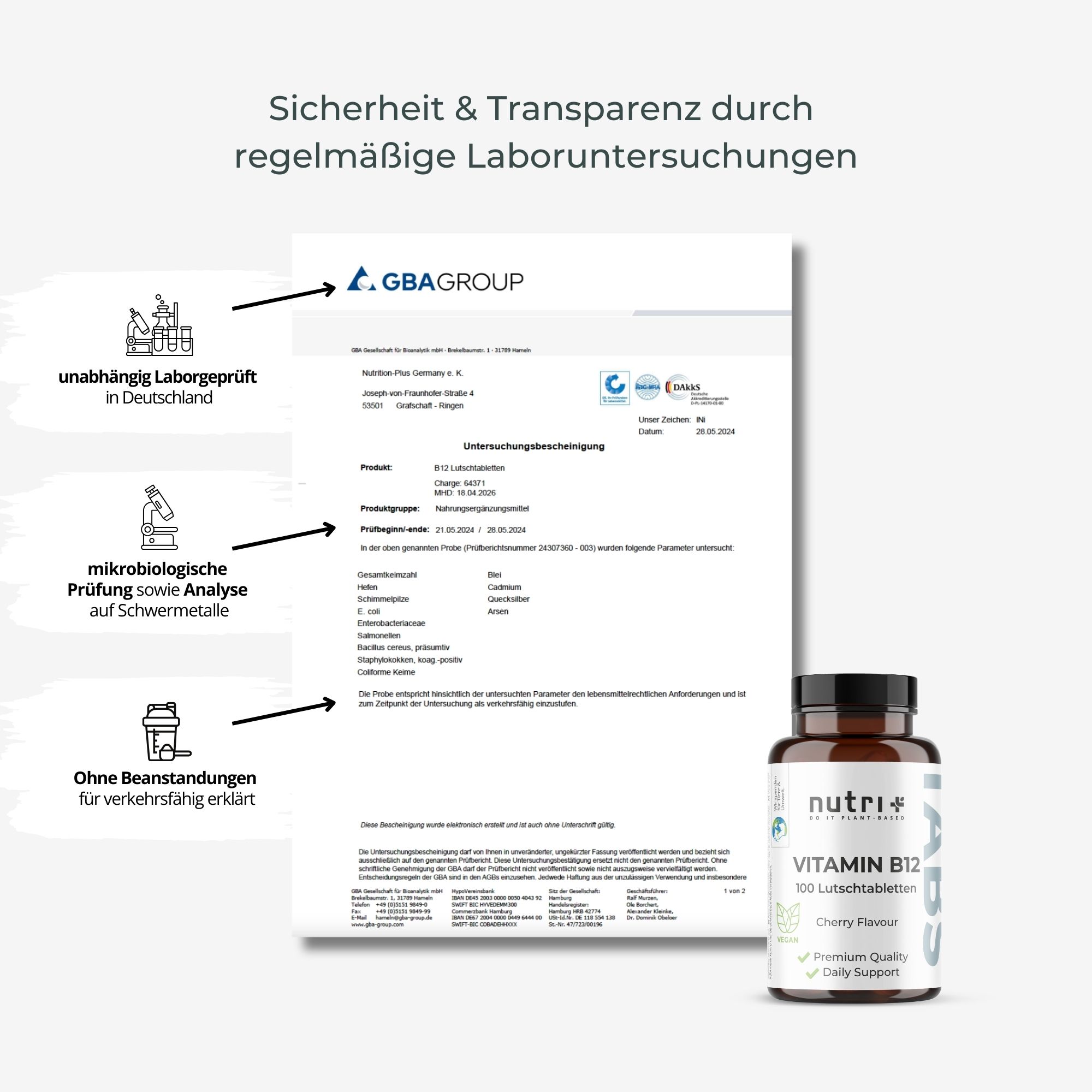 Zwei Flaschen mit je 100 veganen Vitamin B12 Lutschtabletten, Kirschgeschmack.