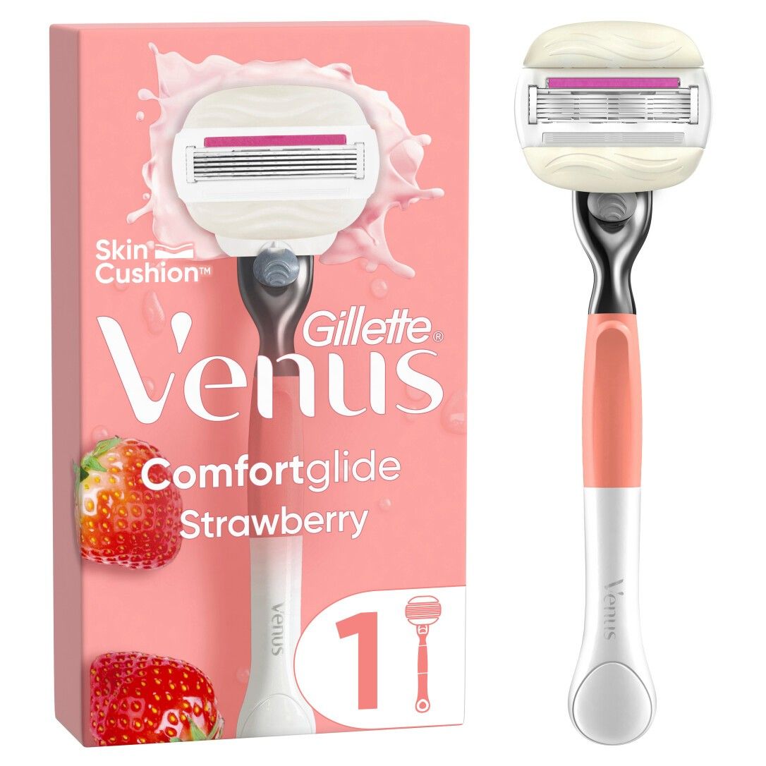 Rasierapparat und Verpackung. Marke Venus, Comfortglide Strawberry. Rosa Verpackung mit Erdbeere und Schaum-Design. 1 Klinge.