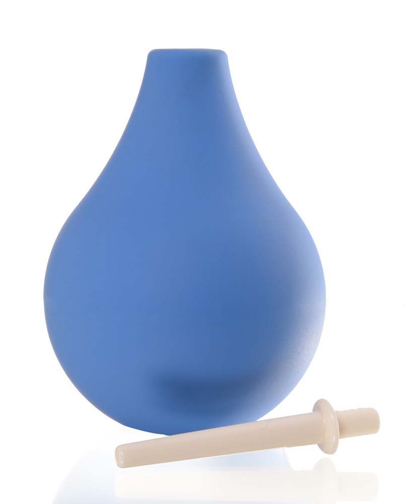 Blaue Dusche mit beigem Applikator. Birnenförmiger Körper, Applikator separat.