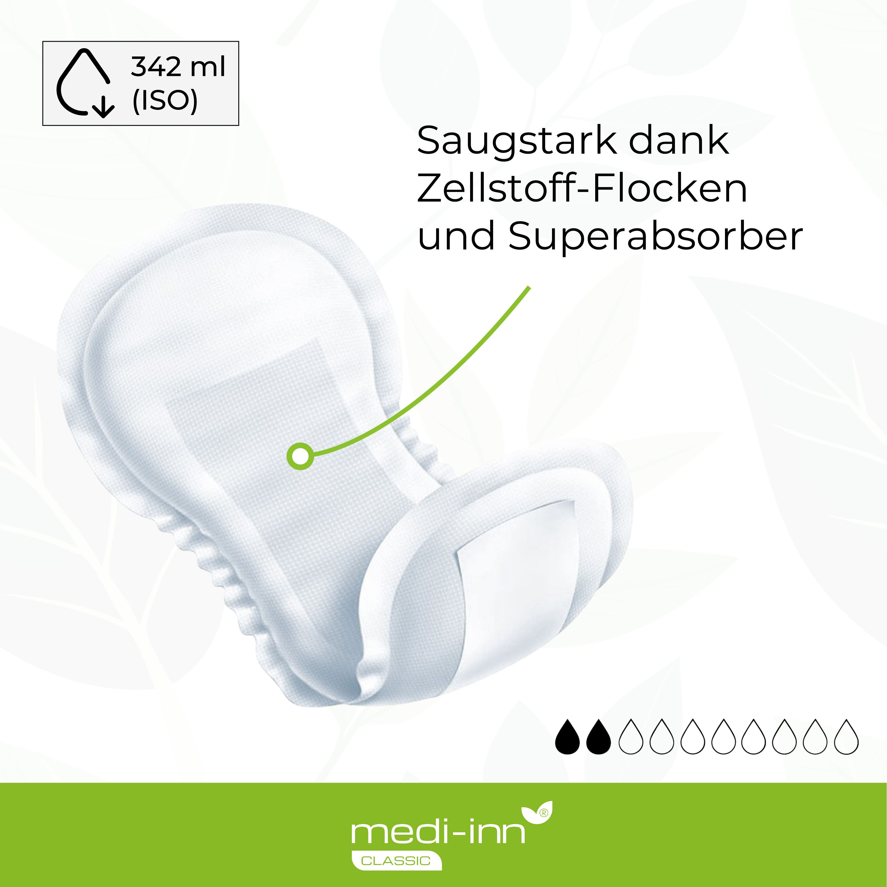 Inkontinenzeinlage mit Text: saugstark dank Zellstoff-Flocken und Superabsorber. 342 ml.