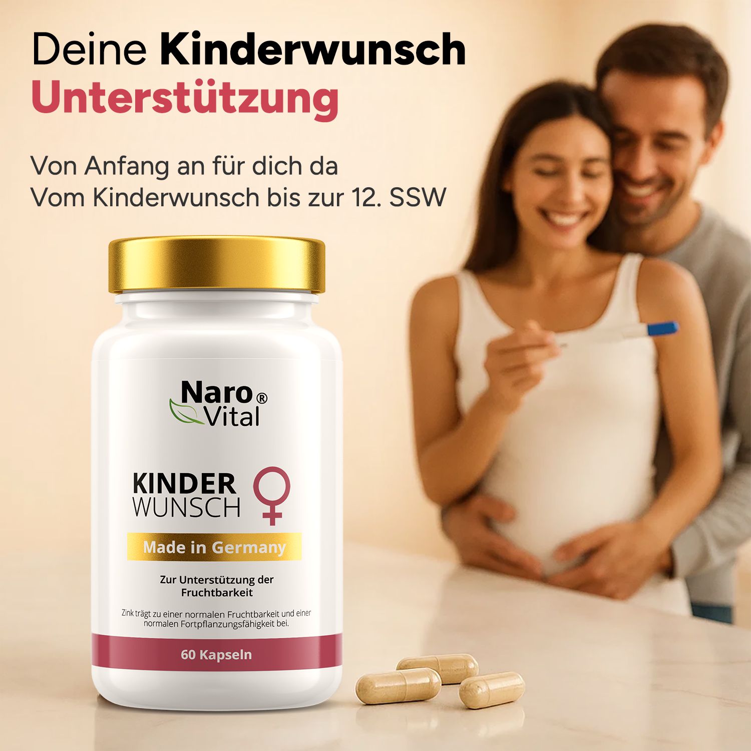 Produktflasche mit Kapseln, Paar. Aufschrift: Naro Vital, Kinderwunsch, Made in Germany, 60 Kapseln. Paar hält Schwangerschaftstest.