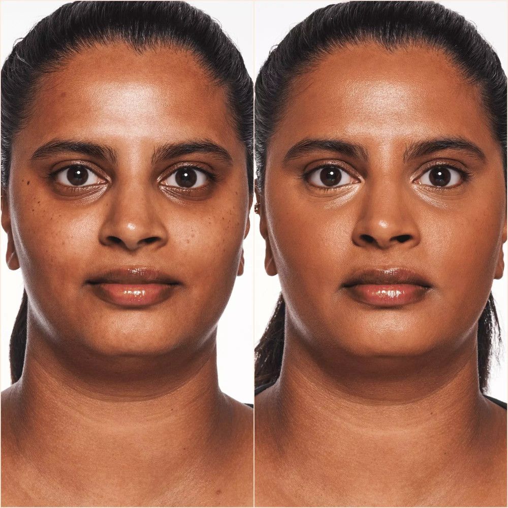 Vorher-Nachher-Vergleich. Gesicht einer Frau vor und nach dem Auftragen von getöntem Serum. Hautton: mittel.