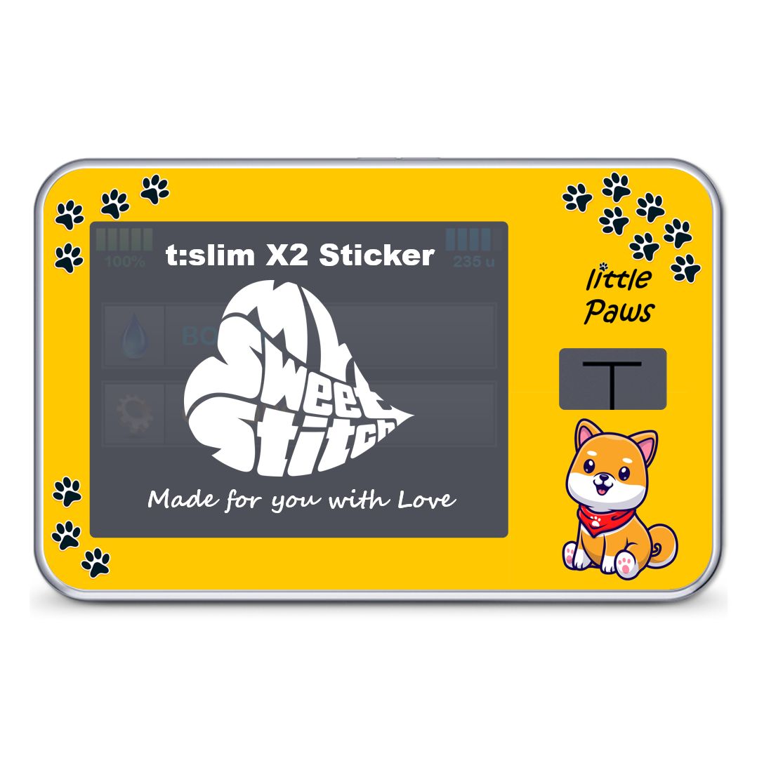 Gelber Sticker mit Pfotenabdrücken und Shiba Inu. Text: t:slim X2 Sticker, Made for you with Love. Logo: MySweetStitch.