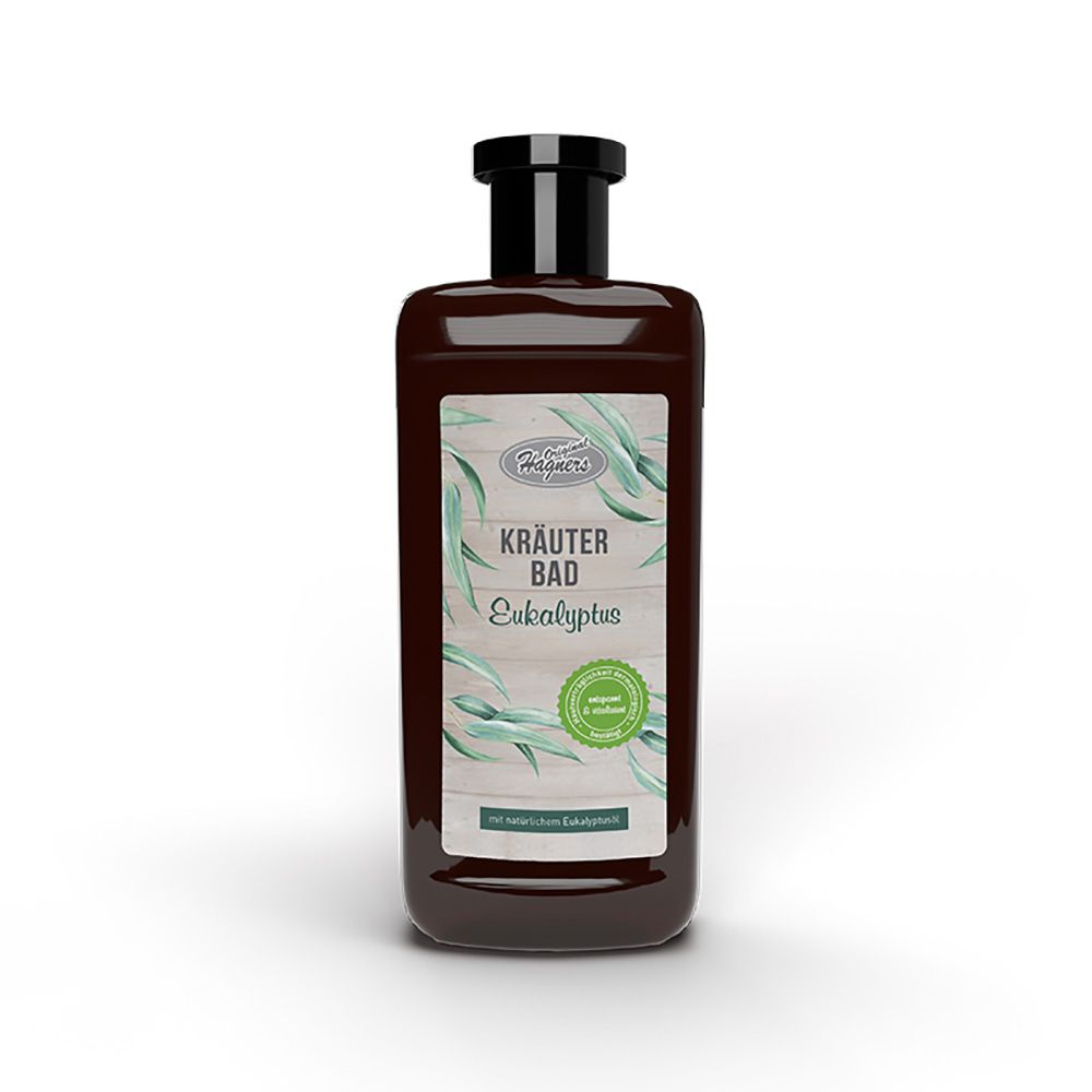 Braune Flasche mit schwarzem Verschluss. Etikett mit Schriftzug Kräuter Bad Eukalyptus und grünen Blättern. Siegel mit Aufschrift.