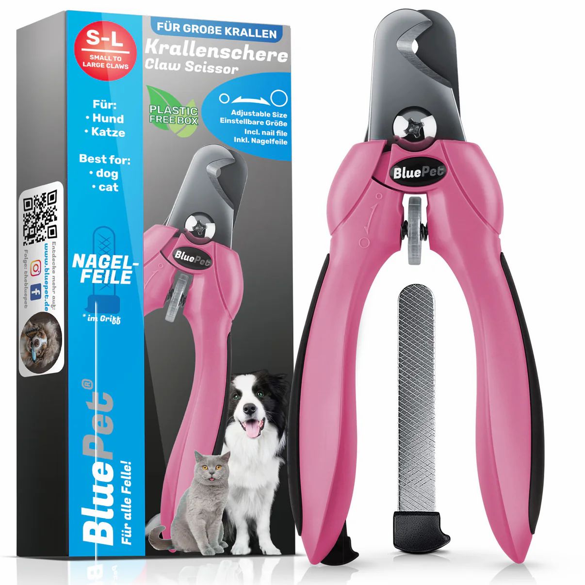 Rosa Krallenschere mit Feile und Verpackung. Aufschrift: BluePet. Geeignet für Hunde und Katzen. Text: Für große Krallen, S-L.