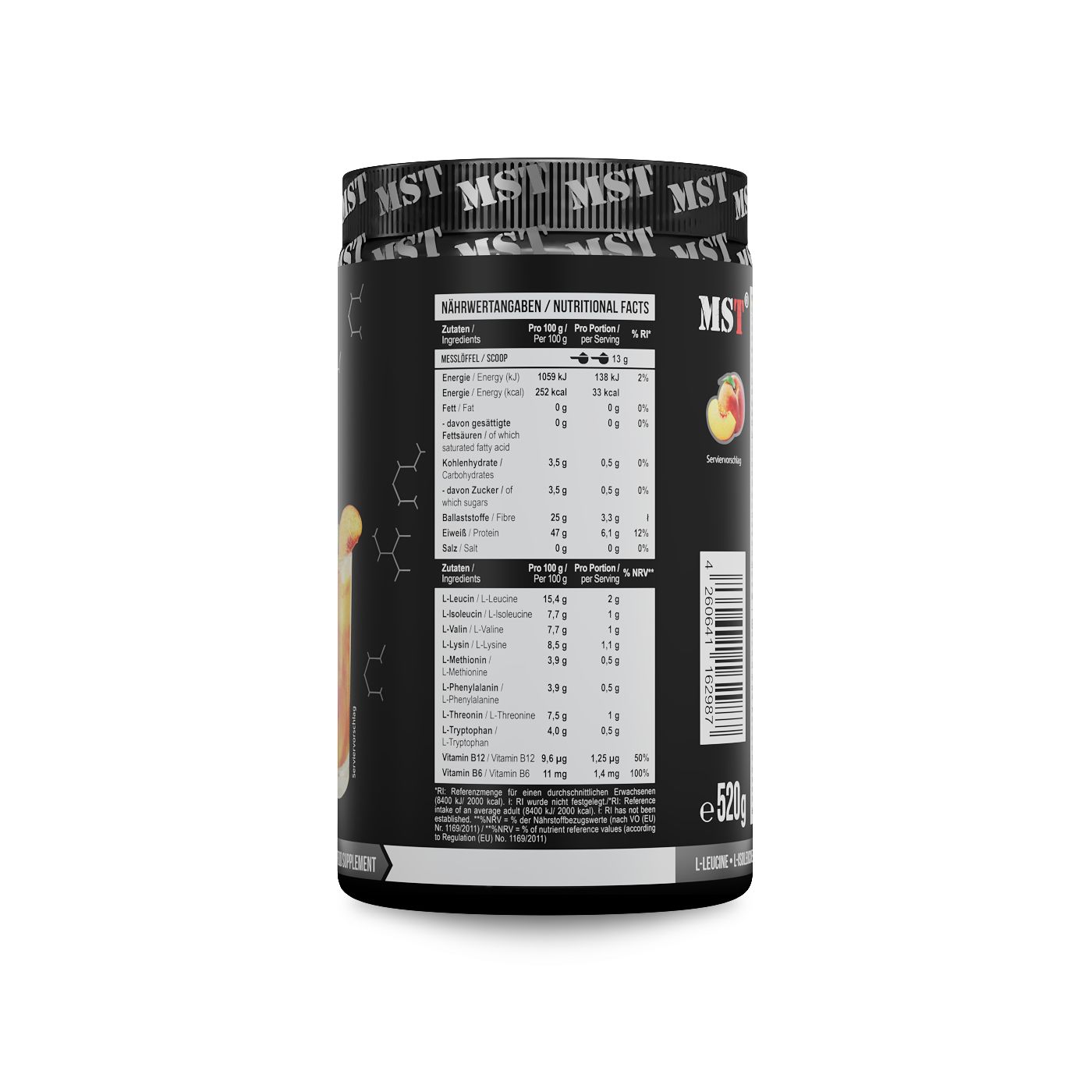 Schwarzer Behälter mit Nährwertangaben und Aminosäureprofil für MST BCAA & EAA, 520g.
