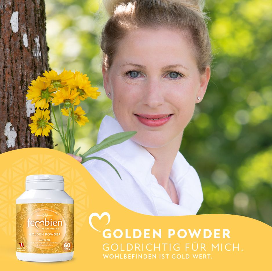 Frau mit Fembien Golden Powder-Flasche und Blumen. Text: Goldrichtig für mich. Wohlbefinden ist Gold wert.