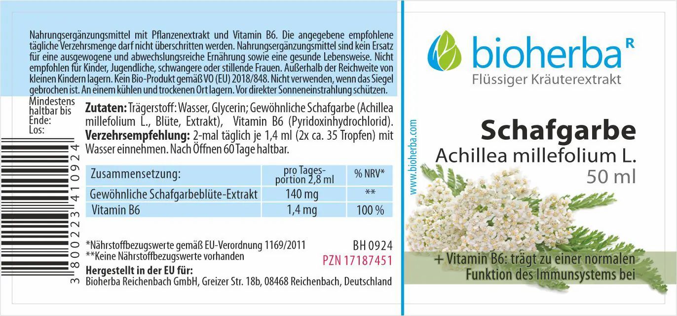 Etikett mit Produktname, Logo und Text. Enthält Informationen zu Inhaltsstoffen und Nährwerten. Weißer Hintergrund.