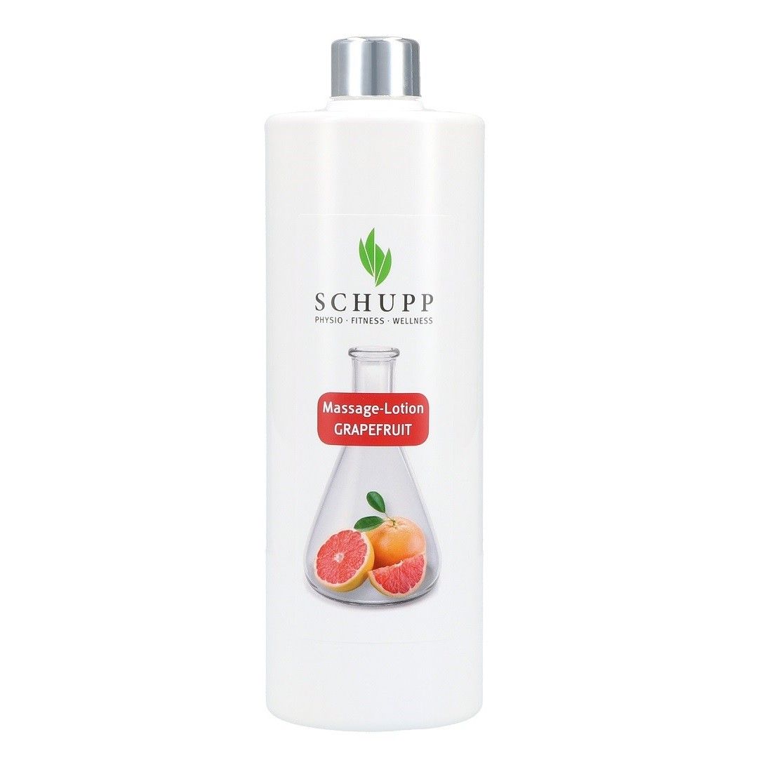 Weiße Flasche mit silbernem Deckel. Aufdruck: SCHUPP, Massage-Lotion Grapefruit. Abbildung von Grapefruit-Scheiben.