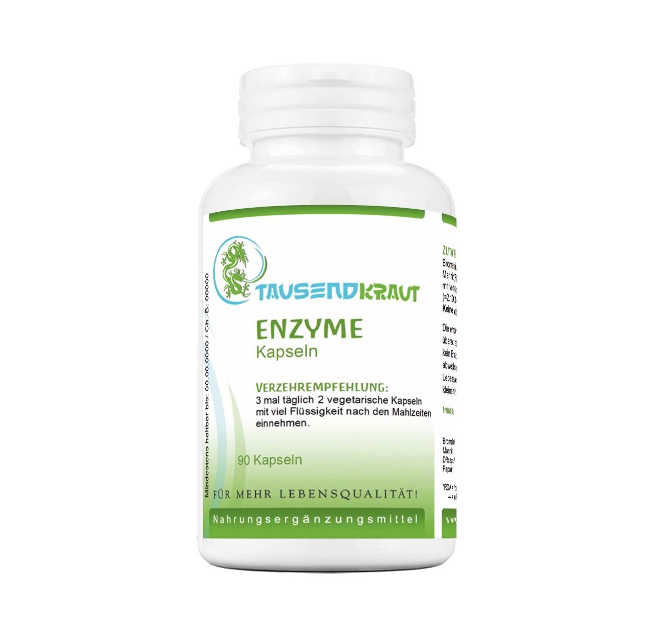 Weiße Flasche mit grüner Schrift. Enthält Enzyme Kapseln. Aufschrift: Tausendkraut, Enzyme, 90 Kapseln. Nahrungsergänzungsmittel.
