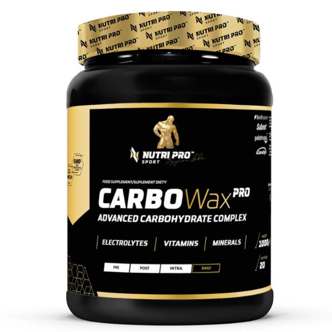 Schwarzer Behälter mit Nutri Pro Sport Carbo Wax PRO, einem fortschrittlichen Kohlenhydratkomplex mit Elektrolyten, Vitaminen und Mineralstoffen.