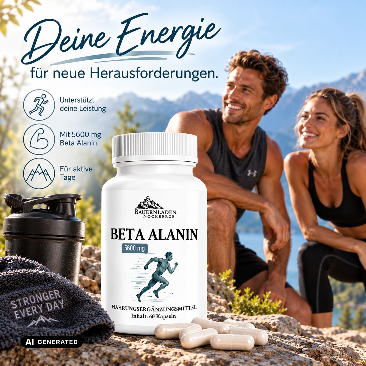 Beta Alanin Kapseln mit 5600 mg. Nahrungsergänzungsmittel für Energie, in weißer Dose mit 60 Kapseln.