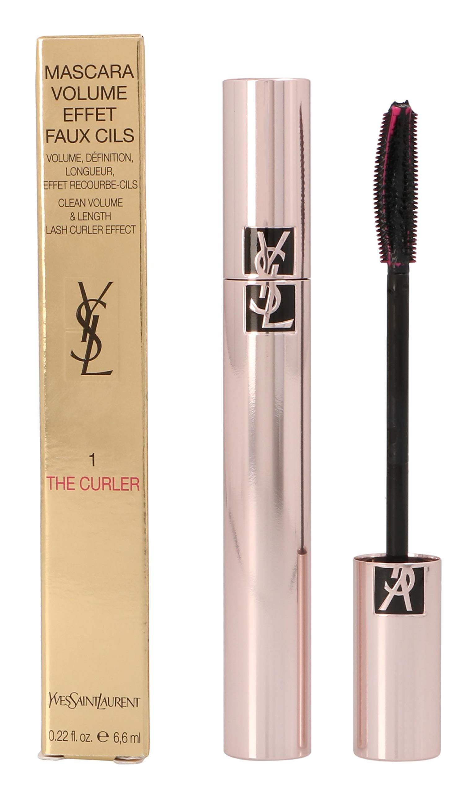 Mascara-Tube, Bürste und Verpackung. Goldfarbene Verpackung mit Text. Rosa-goldfarbenes Gehäuse mit YSL-Logo. Schwarze Bürste mit pinkfarbenen Borsten.