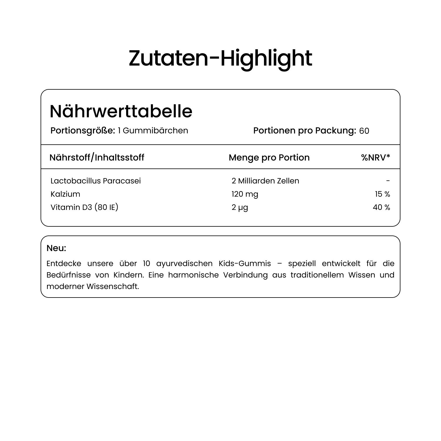 Nährwerttabelle mit Informationen zu Inhaltsstoffen: Lactobacillus Paracasei, Kalzium, Vitamin D3. Portionen pro Packung: 60.