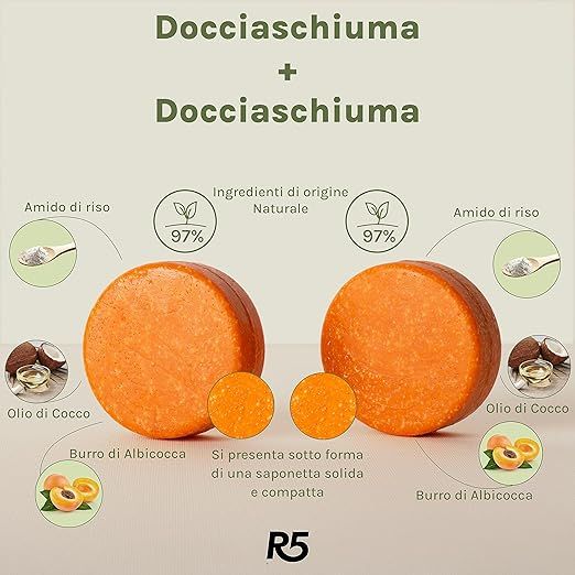 R5 Set 2 Nährende Duschgele und 1 Seifenhalter aus recyceltem Kunststoff, Made in Italy