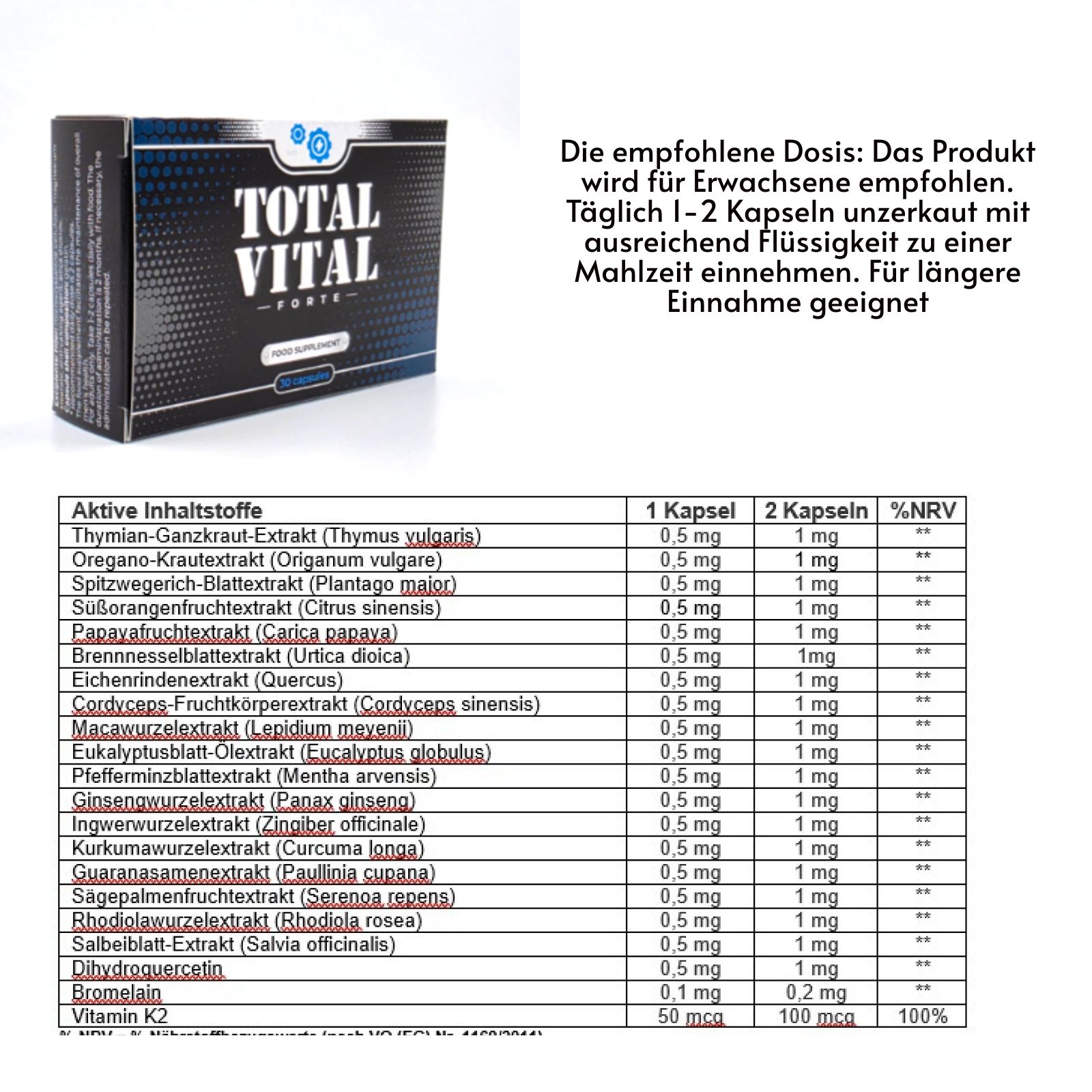 Schachtel mit Text und Inhaltsstofftabelle. Enthält Informationen zur Dosierung und Inhaltsstoffen.