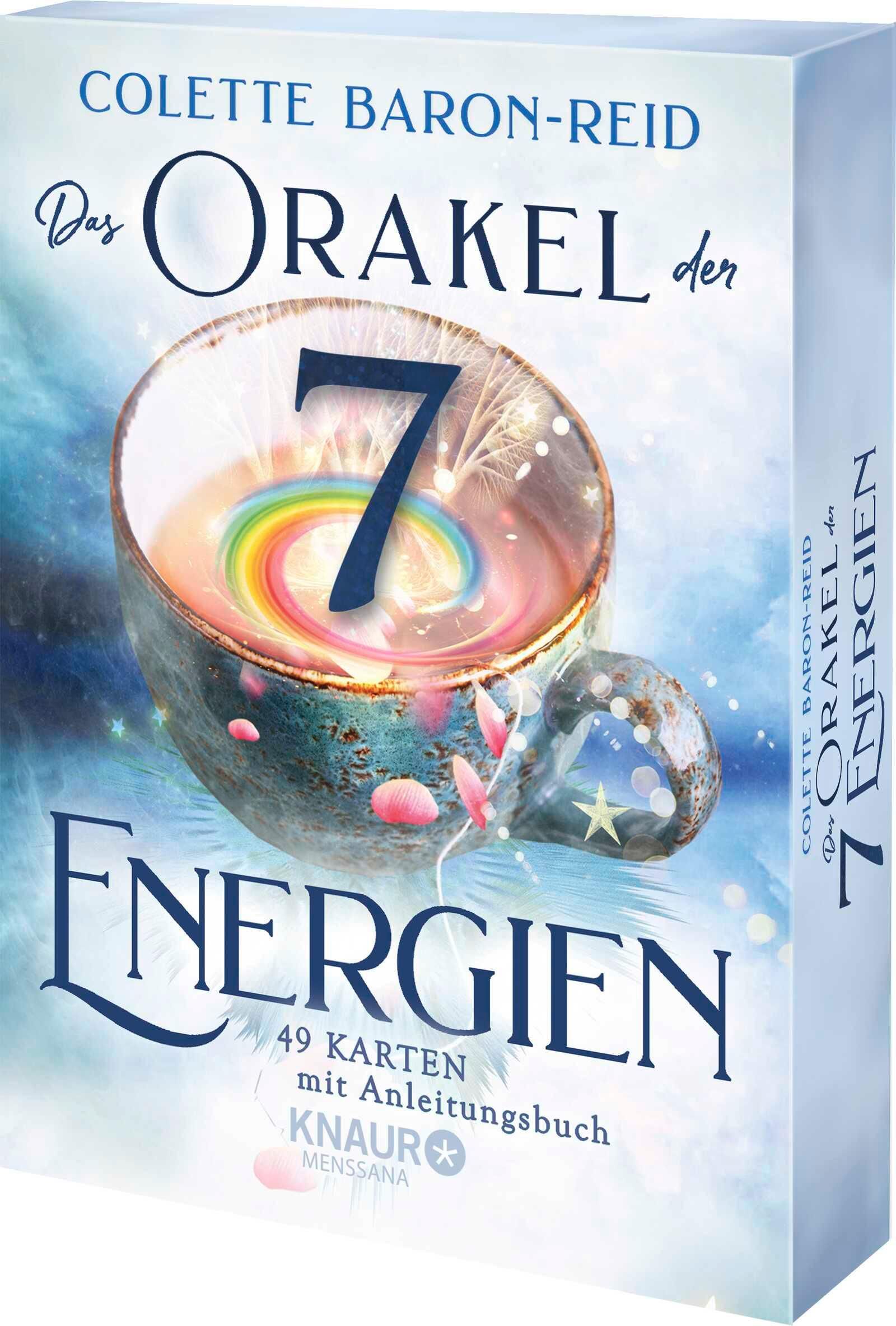 Buchbox "Das Orakel der 7 Energien". Titel und Autor sichtbar. Enthält 49 Karten und ein Anleitungsbuch. KNAUR-Logo.