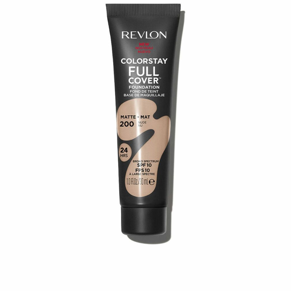 Revlon Colorstay Full Cover Foundation. Schwarze Tube mit Produktinformationen. Farbton 200. Matte Textur. Lichtschutzfaktor 10.