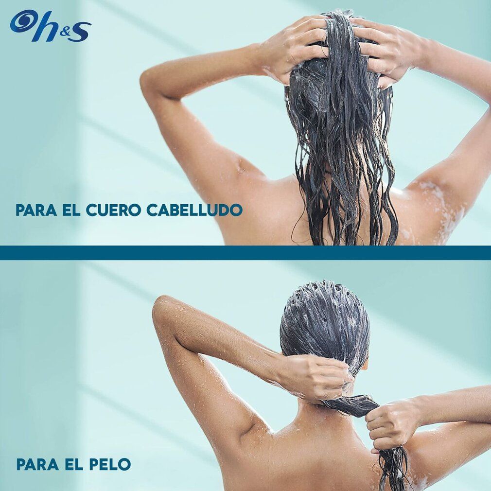 Person wäscht Haare mit Schaum. Oben links Logo Oh&S. Text: PARA EL CUERO CABELLUDO. Unten: PARA EL PELO.