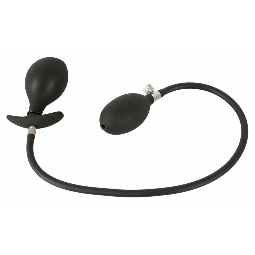 Schwarzer, aufblasbarer Plug mit Pumpe und Schlauch. Der Plug hat eine T-Form.