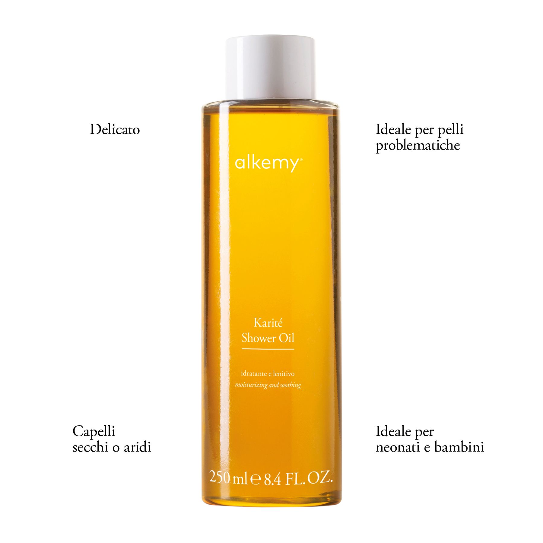 Flasche Alkemy Karité Duschöl mit Hinweisen zu Anwendung und Inhaltsstoffen.