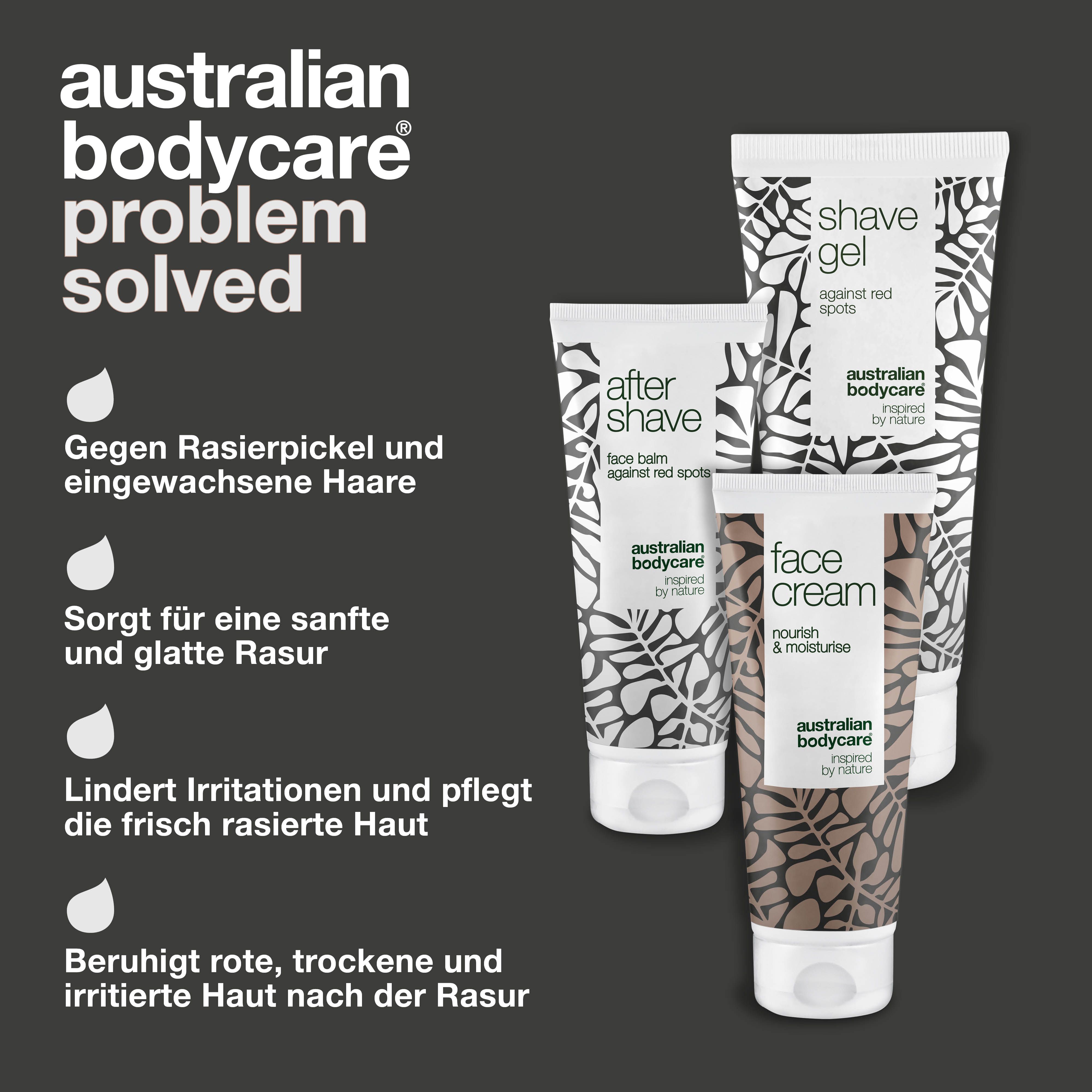 3 Tuben. Aufschrift: Shave Gel, After Shave, Face Cream. Marke: Australian Bodycare. Text: Problem gelöst.