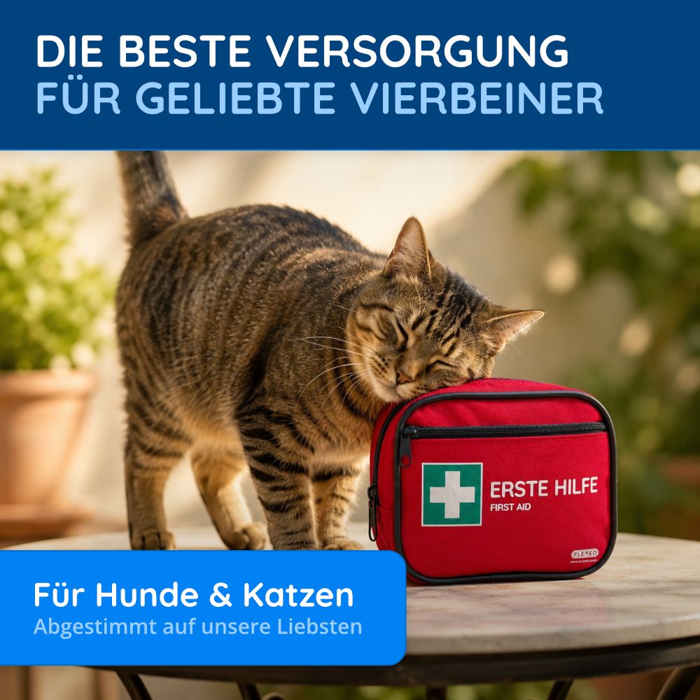 Rotes Erste-Hilfe-Set neben einer Katze. Text: Für Hunde & Katzen. Abgestimmt auf unsere Lieblinge.