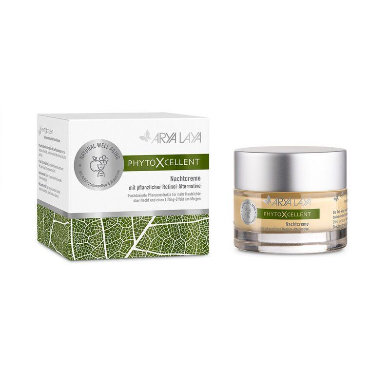 Creme-Tiegel und Schachtel. Aufschrift: ARYA LAYA PHYTOXCELLENT Nachtcreme mit pflanzlicher Retinol-Alternative. Siegel: Natural Well Being.