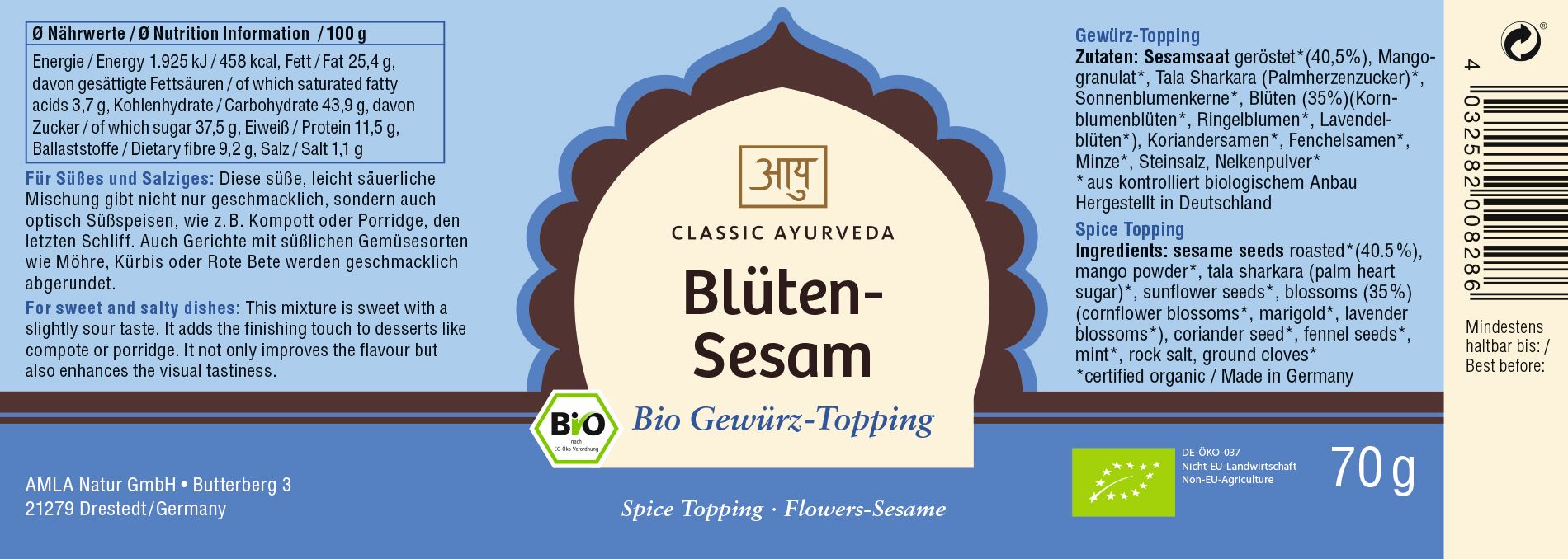 Etikett mit Text: Blüten-Sesam Gewürz-Topping. Bio-Siegel. Zutatenliste. Nährwertangaben. 70g. Barcode.