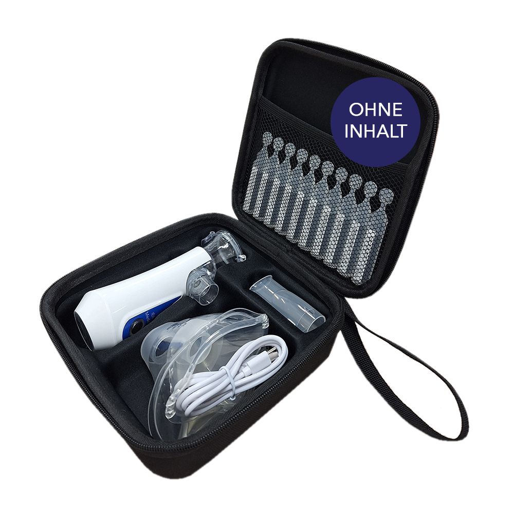 Schwarzes Etui mit Inhalationsgerät, Mundstück, Maske, USB-Kabel und Ampullen. Aufschrift: OHNE INHALT.