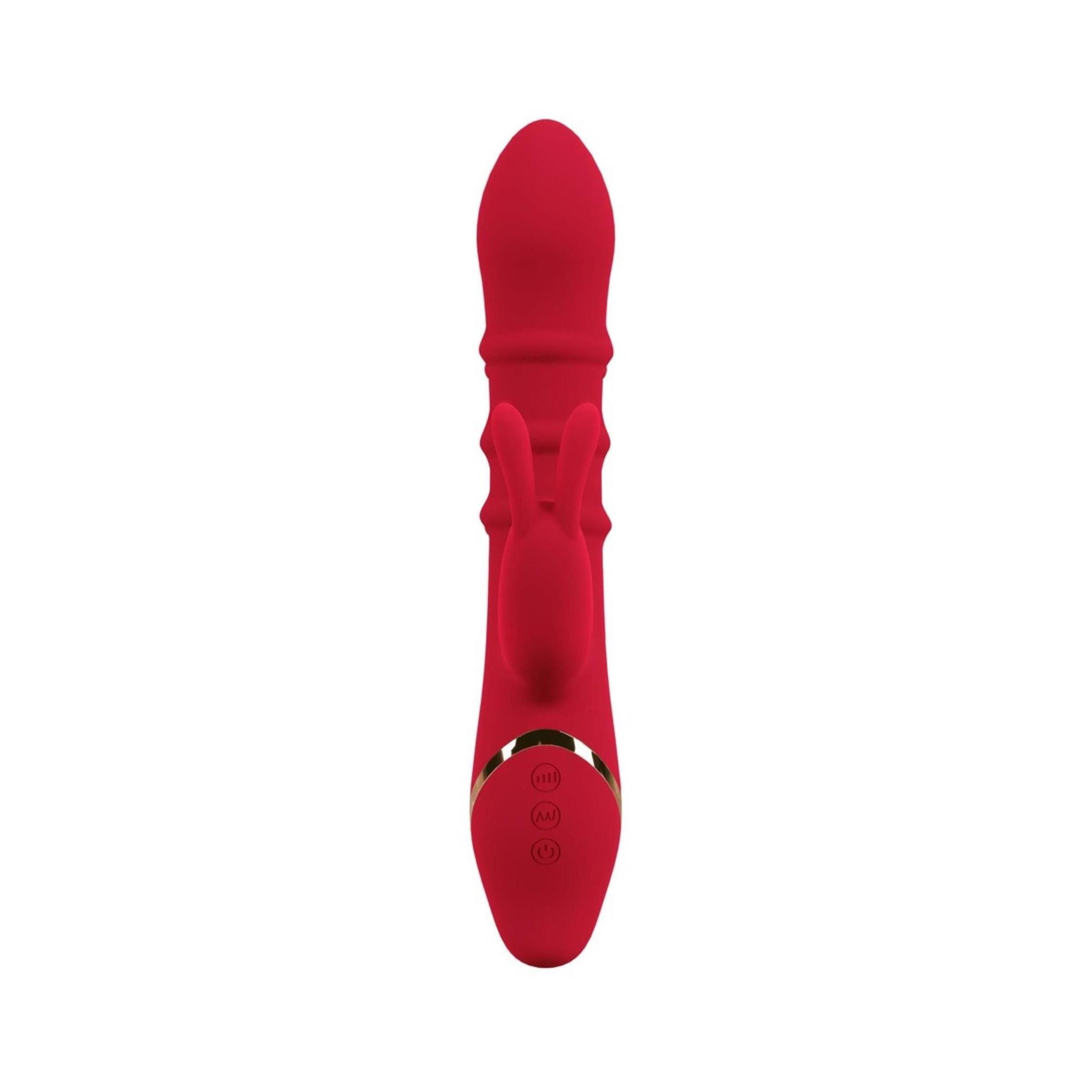 Roter Vibrator mit Knöpfen und Hasenohren. Draufsicht.