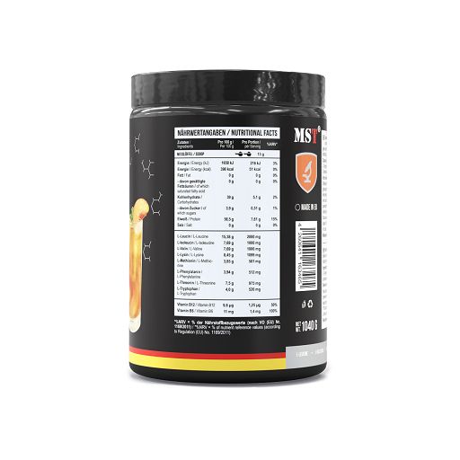 MST BCAA & EAA Zero Nährwertangaben auf schwarzer Dose mit Getränkegrafik.