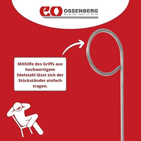 Nahaufnahme des Edelstahlgriffs des Stockständers. Text: 'Mithilfe des Griffs aus hochwertigem Edelstahl lässt sich der Stockständer einfach tragen.'