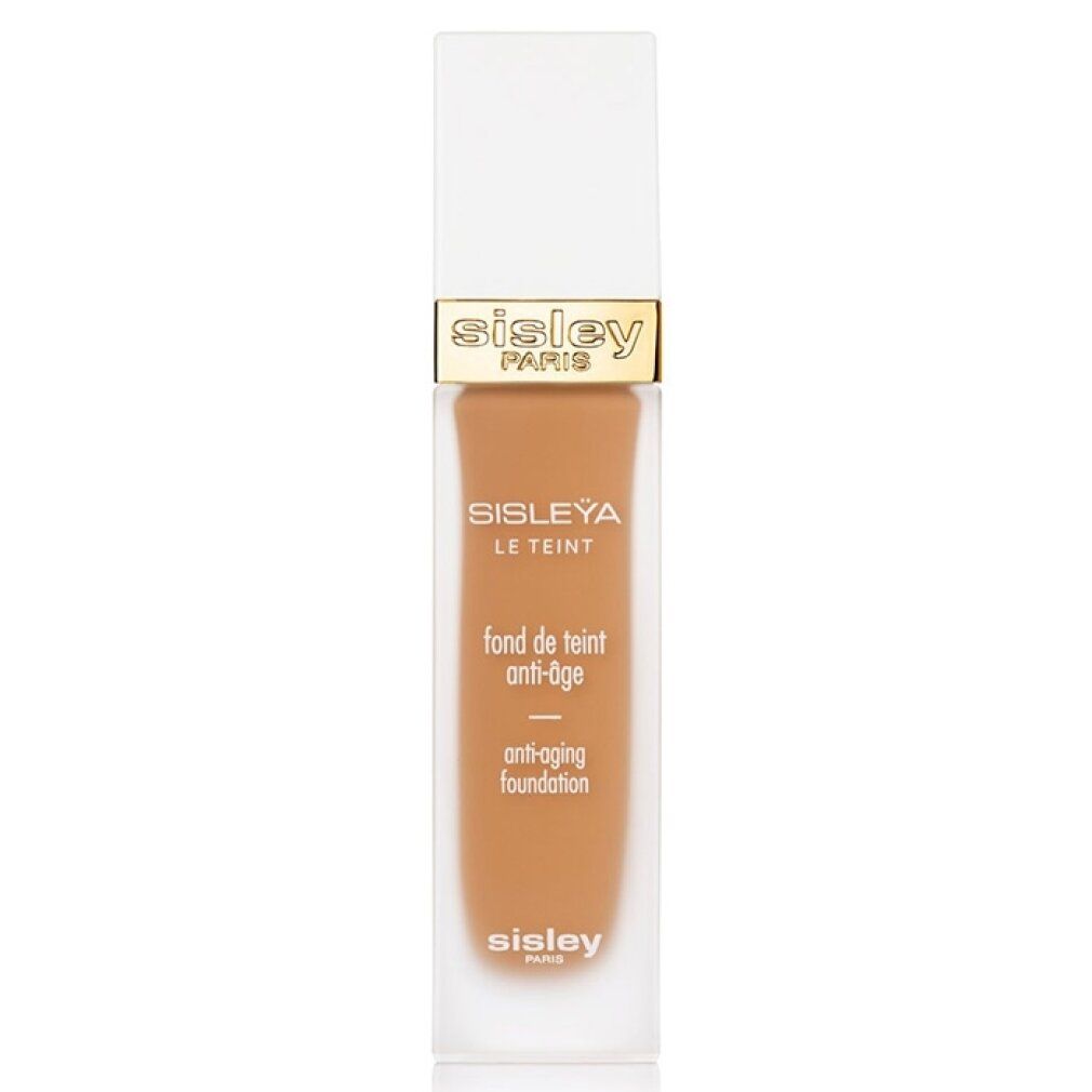 Sisley Sisleya Le Teint Foundation. Rechteckige Flasche mit weißem Deckel. Goldener Schriftzug Sisley Paris. Anti-Aging-Foundation.