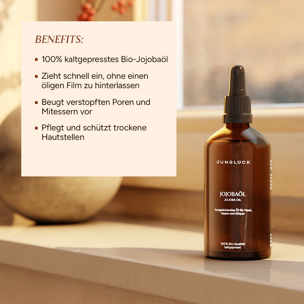 JUNGLÜCK Jojobaöl - Kaltgepresst - 100% Bio, Rein & Natürlich, für ein ebenmäßigeres Hautbild