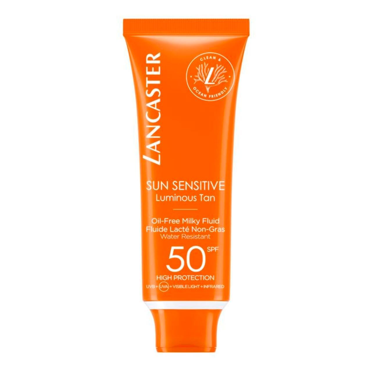 Orange Tube mit Sonnencreme. Text: Lancaster, Sun Sensitive, Luminous Tan, SPF 50, High Protection.