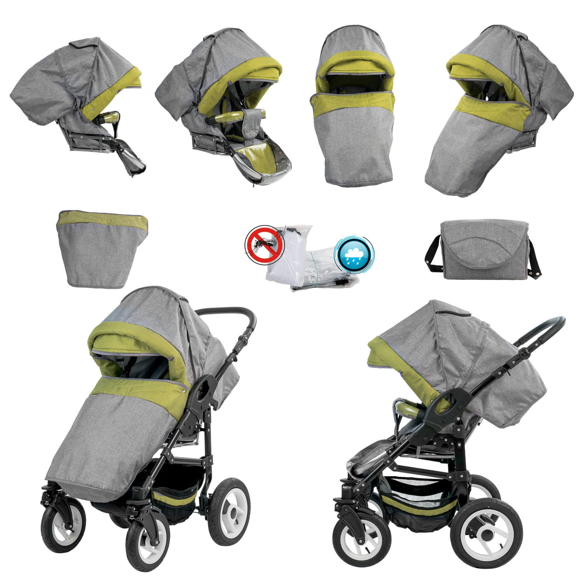 Bebebi Florenz 4 in 1 Kinderwagen Komplettset ISOFIX Basis Hartgummireifen, Medici Green Black