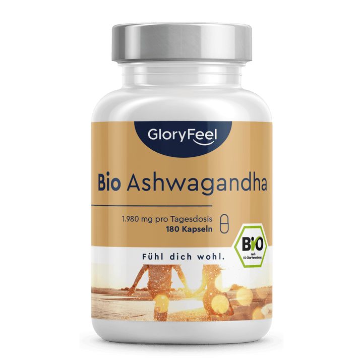 Weißes Pillenbehälter mit "GloryFeel Bio Ashwagandha" Aufschrift. 180 Kapseln, Bio-Siegel.