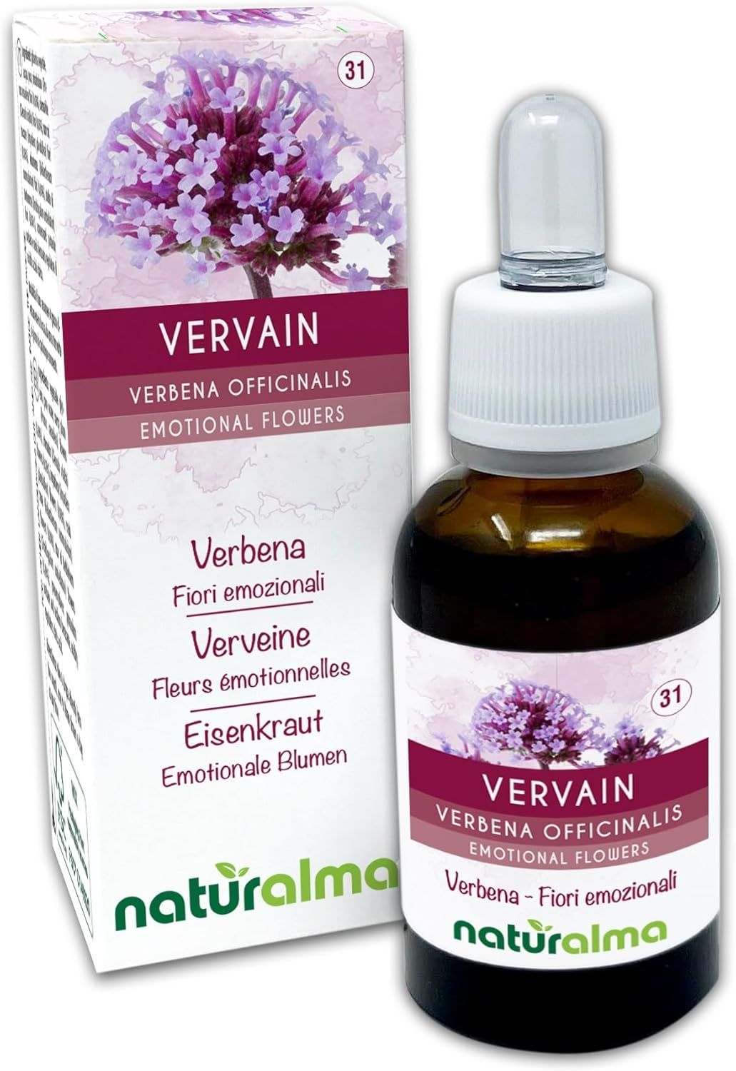 Braune Glasflasche mit Tropfer und Verpackung. Aufschrift: VERVAIN, Verbena officinalis, Emotional Flowers. Marke: naturalma.
