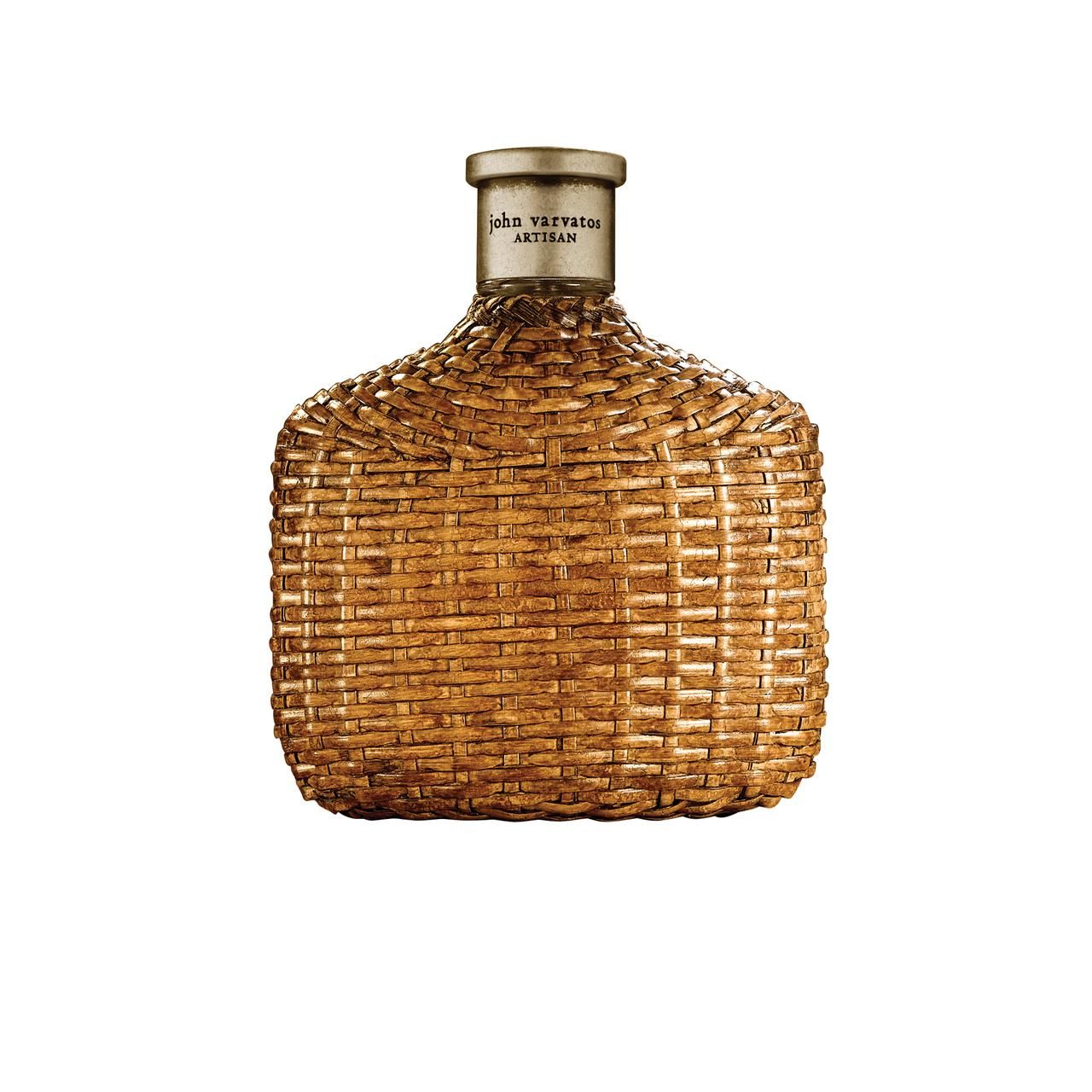 Parfümflasche mit geflochtener Hülle. Auf dem Deckel steht "John Varvatos Artisan".