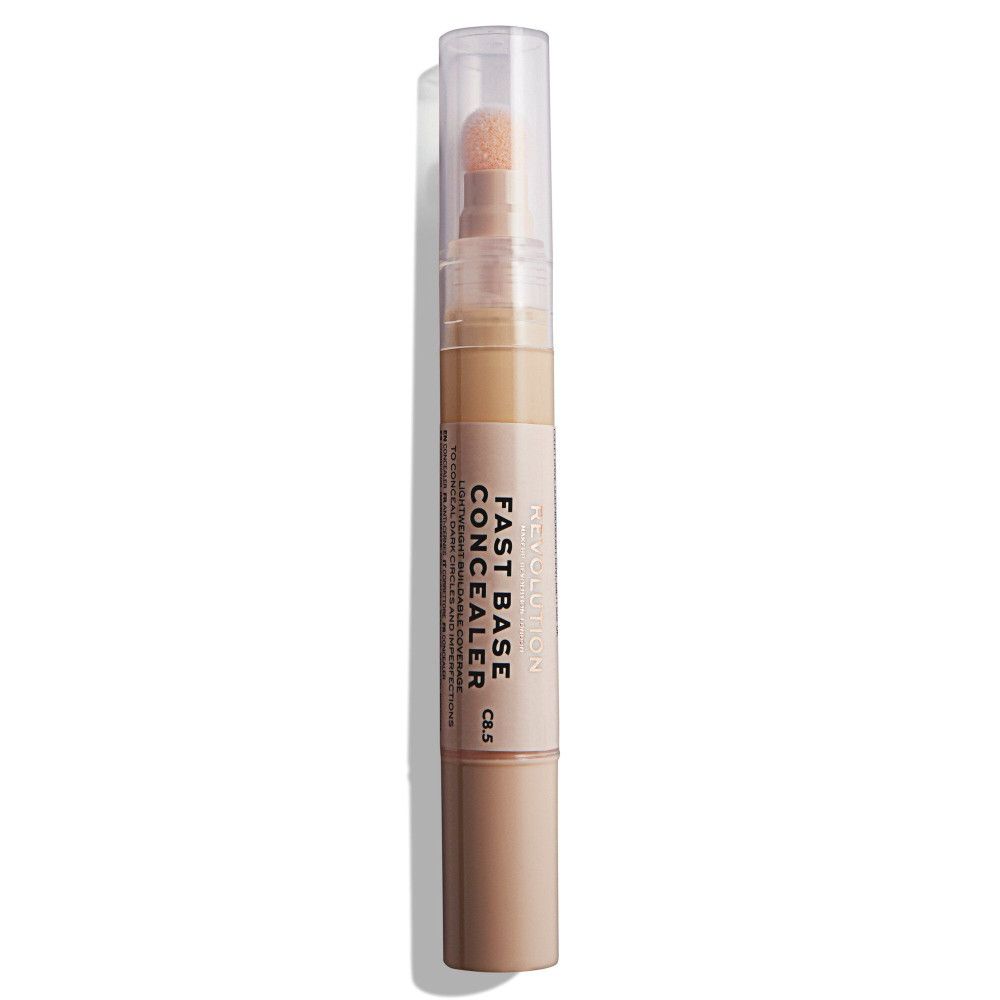 Concealer-Stift mit Schwammapplikator. Aufschrift: Fast Base Concealer. Farbton C6.5. Beige-braune Nuancen.