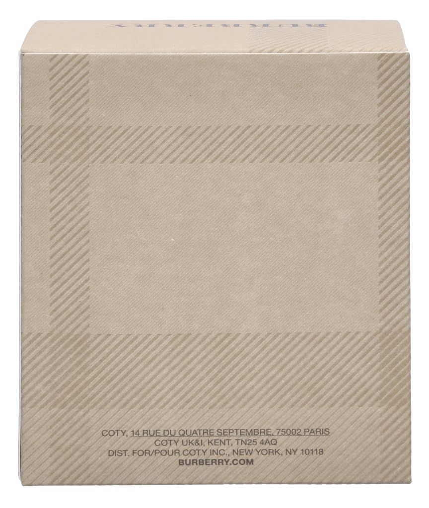 Beige Kartonverpackung mit Karomuster. Text: COTY, BURBERRY.com. Rückseite.