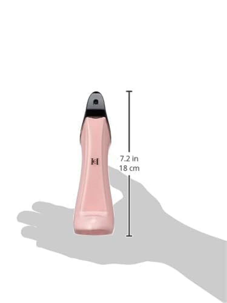 Rosa High Heel-Parfümflakon, 18 cm hoch, in einer Hand gehalten. Schwarzer Absatz, goldener Absatz.